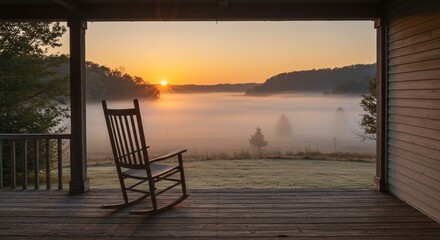 Sunrise Porch Swing: A rustic wooden rocking chair sits on a porch overlooking a tranquil morning scene of a misty river valley at sunrise.