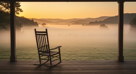 Peaceful Morning Vista: An inviting rocking chair sits serenely on a porch, overlooking a foggy landscape, bathed in the soft, golden light of dawn. A scene of tranquility.