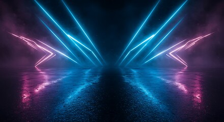 Empty background scene. Dark street reflection on the wet pavement. Rays of blue neon light in the dark, neon figures, smoke. Night view of the street, the city. Abstract dark background.