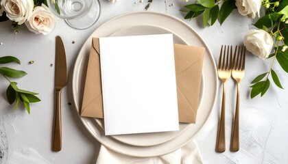 Wedding table setting with invitation.