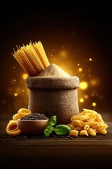A rustic burlap sack filled with pasta and flour, surrounded by other pasta types and spices, bathed in warm golden light