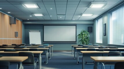 A spacious classroom with rows of desks and a projector screen in the center.