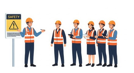 Obraz premium A safety meeting with workers in helmets discussing safety protocols.