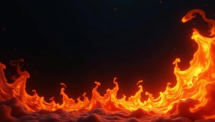 Fiery orange and yellow flames dance against a stark black backdrop , intense, texture, flicker