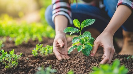 A person's hands planting a young plant in a garden. The activity concept of gardening is depicted. The image highlights the nurturing and care involved in growing plants.