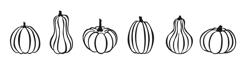 Pumpkin Hand Drawn Doodle Outline set for Thanksgiving Day or Halloween Isolated on white Background. Vector Silhouette Traditional Halloween Decorative line Element. Thanksgiving Pumpkin Icon Sketch.