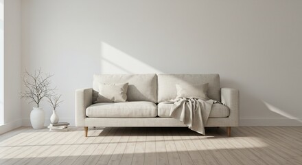 Serene Living Room: A modern living room bathed in natural light, featuring a cozy sofa with decorative pillows and a draped blanket.