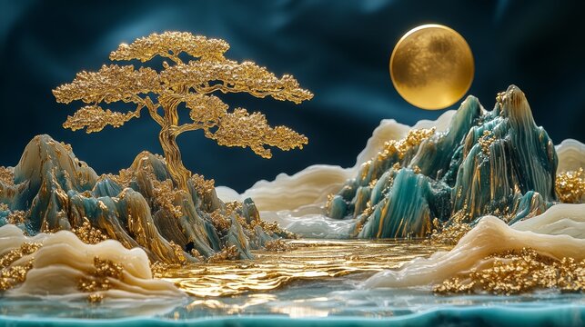 Chinese style Jinshan, with emerald green and golden trees on the mountain