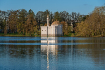 The pavilion of the Turkish Bath on the shore of a Large pond in the Catherine Park in Tsarskoye...