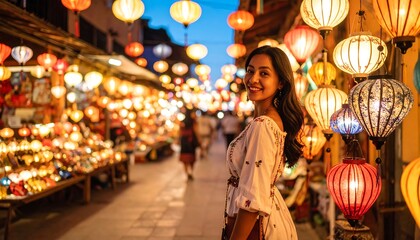 Obraz premium Woman smiles among lanterns in Hoi An.