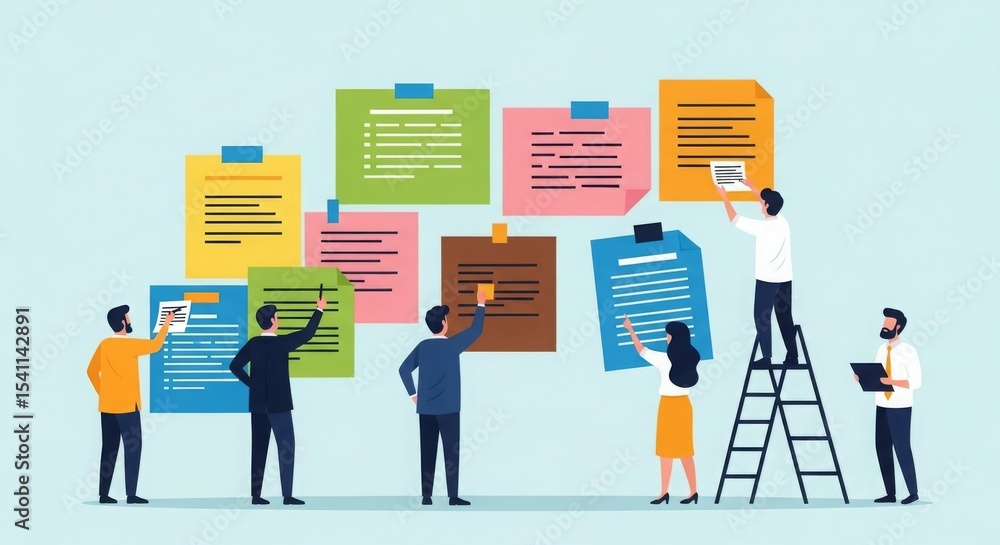 Poster a team collaborates using colorful sticky notes on a wall for brainstorming and planning.