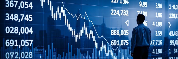 Businessman analyzing falling stock market graph with financial data on screen
