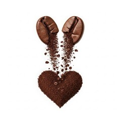 A creative arrangement of coffee beans and grounds forming a heart shape.