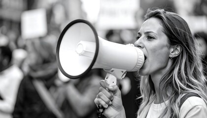 Woman using megaphone with protesting.