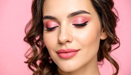 Woman with pink makeup and closed eyes.