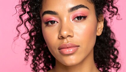Woman with pink eyeshadow with close up.
