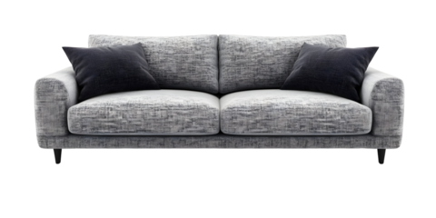 Elegant gray sofa with two black pillows isolated on black background studio