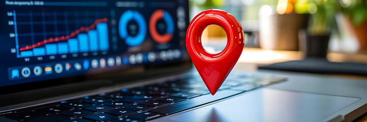 Red location pin on laptop keyboard with data analytics and charts in background
