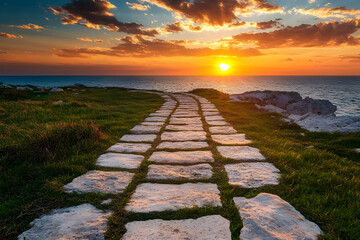 a stone path leading to the ocean at sunset