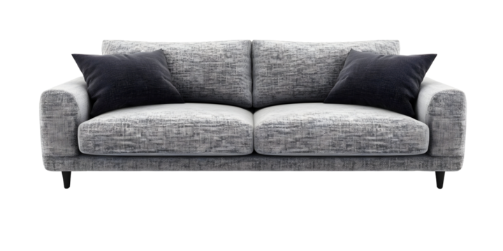Elegant gray sofa with two black pillows isolated on black background studio