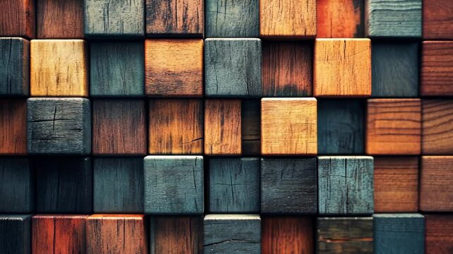 A textured wall of various-toned, square wooden blocks