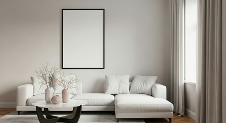 A minimalist living room featuring a white sofa and decorative elements.