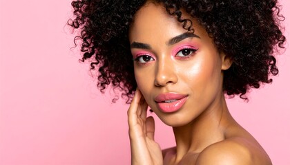 Woman with pink makeup with looking right.