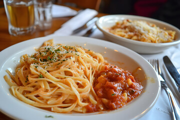 a plate of spaghetti with sauce and a bowl of pasta