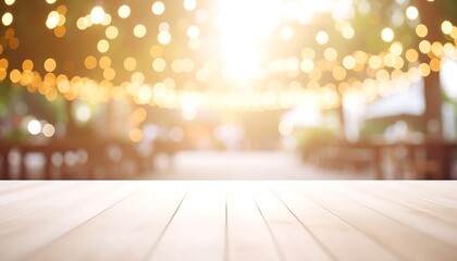 Wooden table outdoor bokeh background.