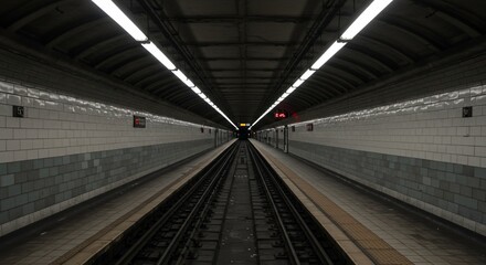 Subway Tunnel: A perspective of a symmetrical subway tunnel with an interesting perspective with tiles, rails, and lighting that conveys a sense of mystery and industrial design.