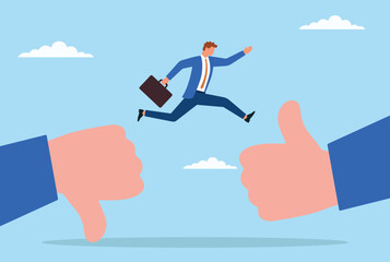 Vector illustration of a businessman jumping from a giant dislike hand to a giant like hand, symbolizing overcoming major criticism and rejection to achieve acceptance, success, and positive 