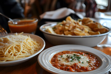 a table with two bowls of pasta and a bowl of sauce