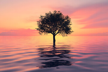 a tree in the middle of a body of water