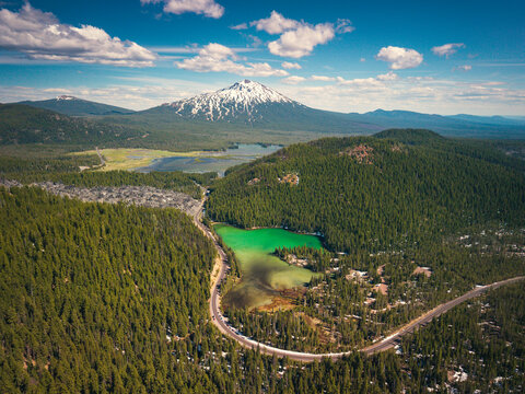 Panorama drone photo of Cascade Lakes Highway.