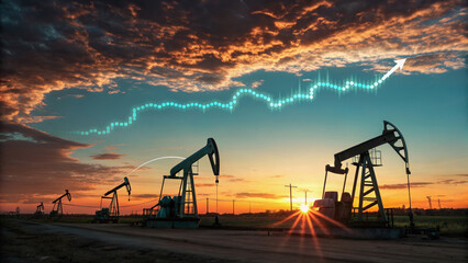 Oil price trends with renewable energy impact under dramatic sunset sky. Oil price and renewable energy concept. economic effect, energy security, financial market connection.