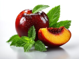 Fresh, juicy peach and mint leaves