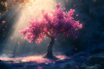 a tree with pink flowers in a field