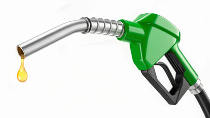 Green fuel nozzle with oil drop symbolizes renewable energy and price concerns. Oil price and renewable energy concept. economic effect, energy security, financial market connection.