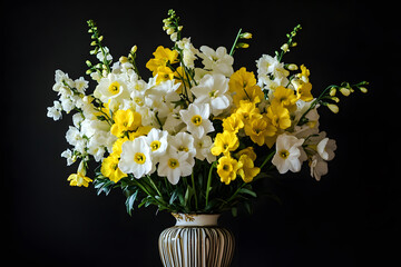 a vase filled with lots of yellow and white flowers