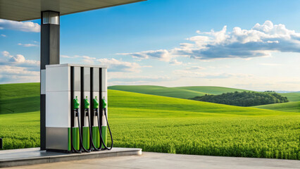 Gas station with green energy focus in rural landscape highlighting oil price impact. Oil price and renewable energy concept. economic effect, energy security, financial market connection.