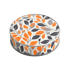Circular Tin Packaging with Orange and Gray Leaf Pattern on Transparent Background