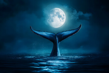 a whale tail is in the water under a full moon