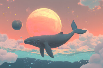 a whale is floating in the ocean with a sunset in the background