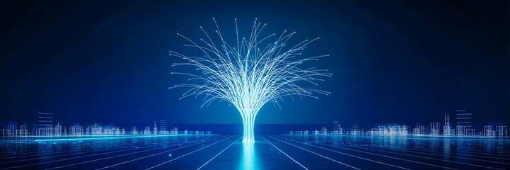 Futuristic tree made of glowing digital lines and network branches on blue technology background

