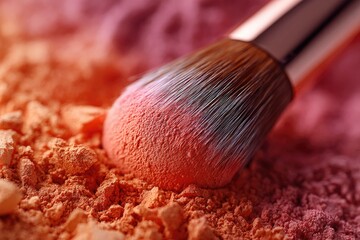 Close-up of blush powder and makeup brush.