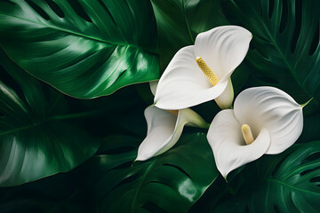 a close up of two white flowers with green leaves
