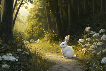 a white rabbit sitting on a path in a forest