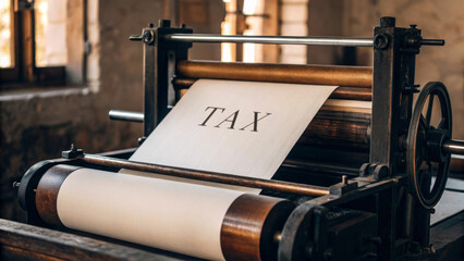 Printing press with TAX on paper, symbolizing financial documents. Tax cut policy for government debt.