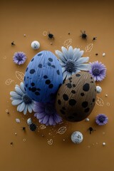 Three patterned eggs surrounded by flowers and leaves