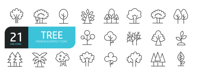 Set of line icons related to tree, plants, nature, forest. Outline icons collection. Editable stroke. Vector illustration